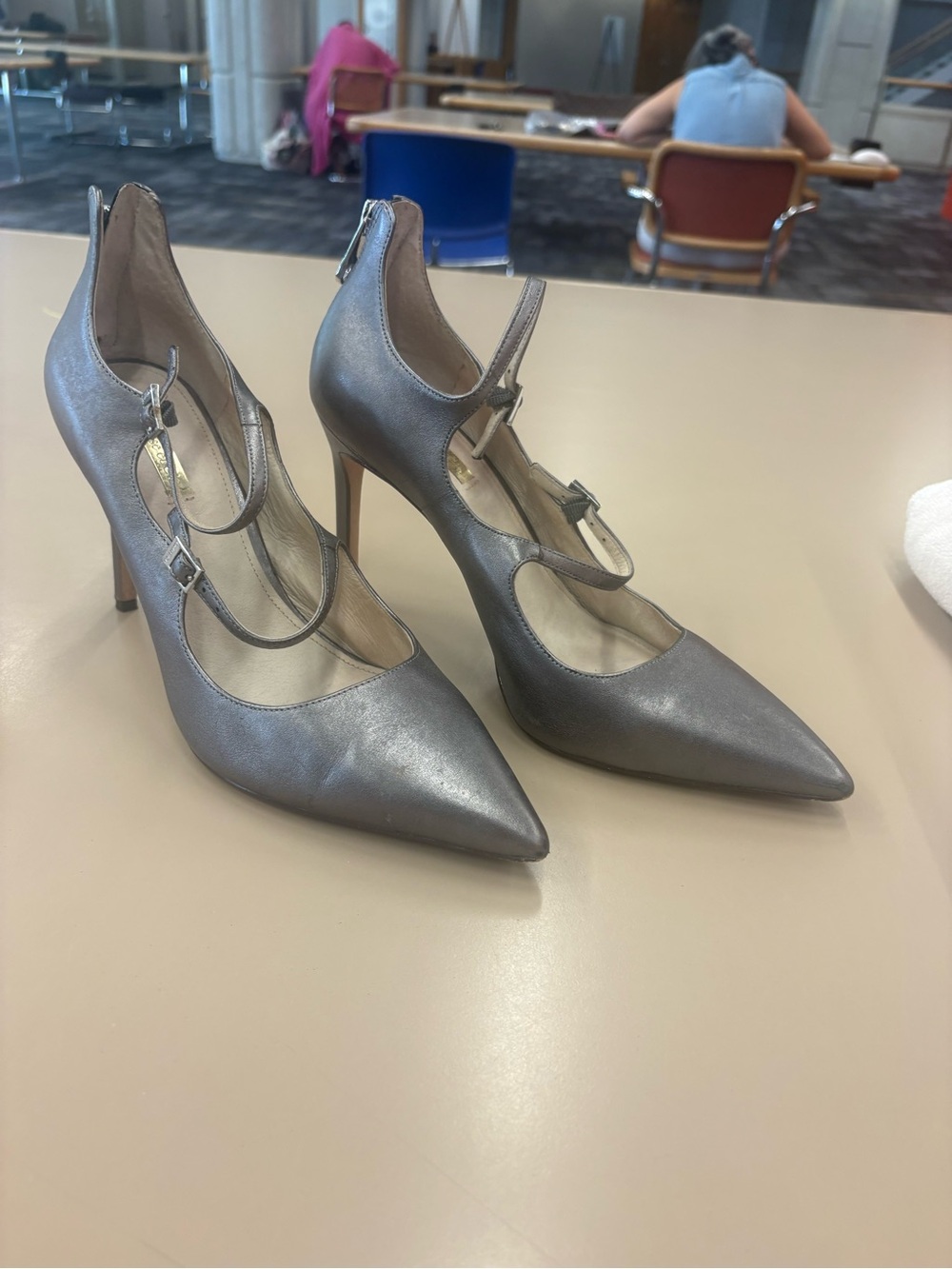 Louise eat Cie Silver Pointed Toe Heels with Straps and Zipper Heels 10 1/2